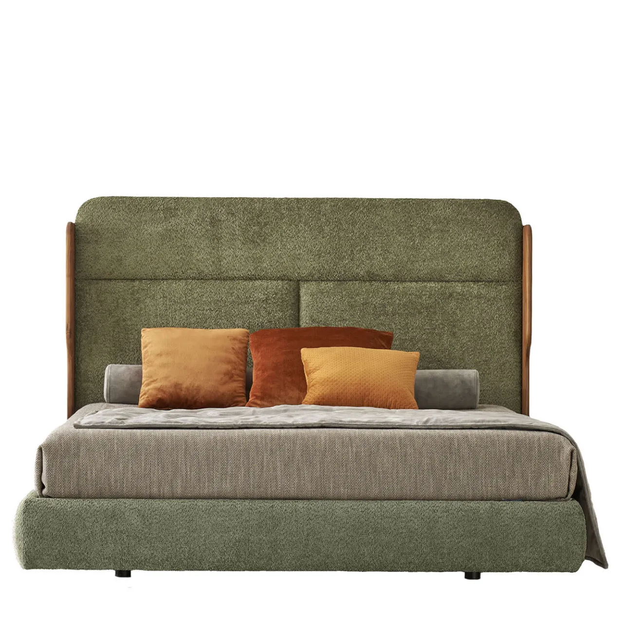 Modesign Beds<Tobia Olive Bouclé Bed with Canaletto Walnut Frame