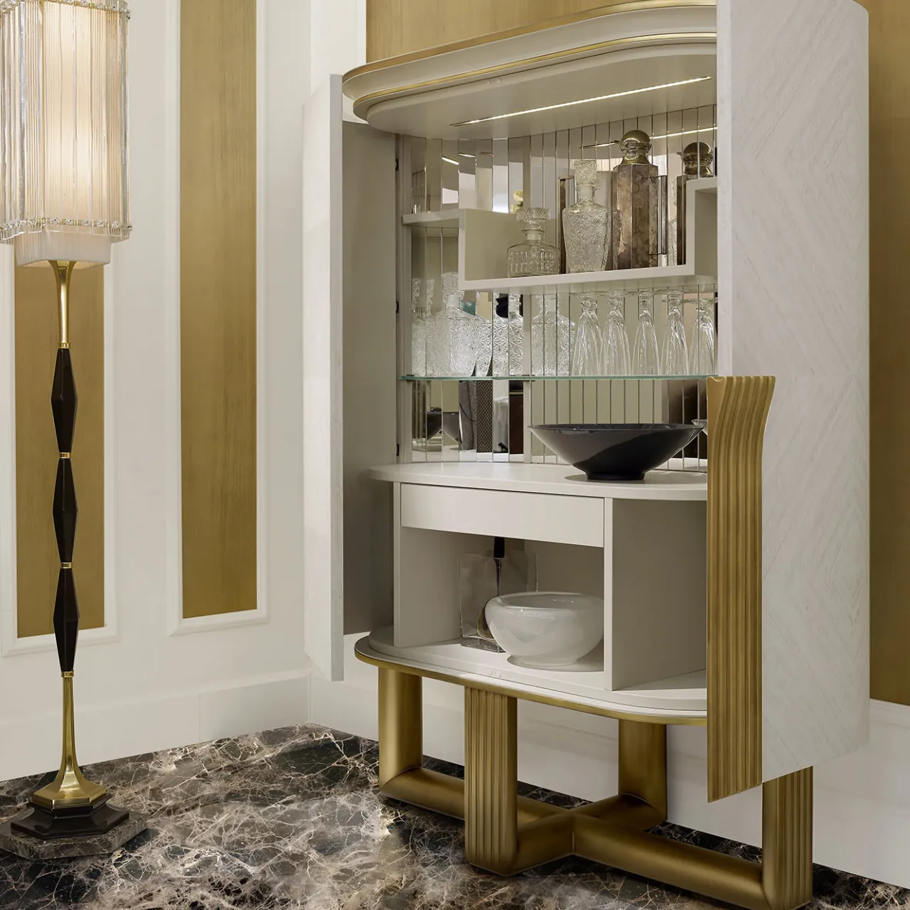 A.R. Arredamenti Cabinets<White and Gold Bar Cabinet