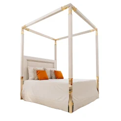 CG Capelletti Beds<White Leather & Golden Bronze Double Canopy Bed